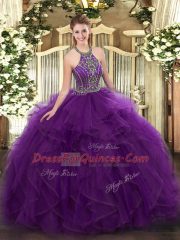 Purple Lace Up Ball Gown Prom Dress Beading and Ruffles Sleeveless Floor Length