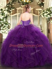 Purple Lace Up Ball Gown Prom Dress Beading and Ruffles Sleeveless Floor Length