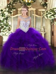 Purple Zipper Scoop Beading and Ruffles 15th Birthday Dress Tulle Sleeveless