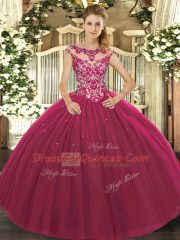 Great Tulle Scoop Cap Sleeves Lace Up Beading and Appliques Sweet 16 Dress in Fuchsia