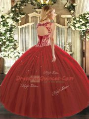 Great Tulle Scoop Cap Sleeves Lace Up Beading and Appliques Sweet 16 Dress in Fuchsia