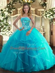 Best Selling Aqua Blue Ball Gowns Beading and Ruffles Sweet 16 Dresses Lace Up Tulle Sleeveless Floor Length