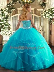 Best Selling Aqua Blue Ball Gowns Beading and Ruffles Sweet 16 Dresses Lace Up Tulle Sleeveless Floor Length