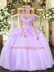 Floor Length Clasp Handle 15 Quinceanera Dress Lavender for Military Ball and Sweet 16 and Quinceanera with Beading and Ruffles