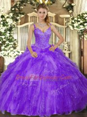 Best Lavender Sleeveless Floor Length Beading and Ruffles Lace Up Quinceanera Dresses