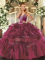 Glorious Sleeveless Floor Length Beading and Ruffles Lace Up 15 Quinceanera Dress with Burgundy