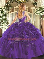 Glorious Sleeveless Floor Length Beading and Ruffles Lace Up 15 Quinceanera Dress with Burgundy