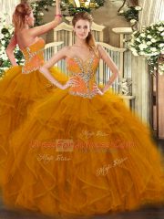 Floor Length Brown Ball Gown Prom Dress Tulle Sleeveless Beading and Ruffles