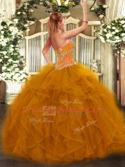 Floor Length Brown Ball Gown Prom Dress Tulle Sleeveless Beading and Ruffles