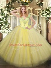 Adorable V-neck Sleeveless 15 Quinceanera Dress Floor Length Beading Light Yellow Tulle