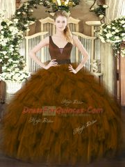 Fine Brown Sleeveless Floor Length Beading and Ruffles Zipper Quinceanera Dresses
