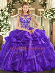 Custom Design Floor Length Purple 15th Birthday Dress Organza Cap Sleeves Beading and Ruffles