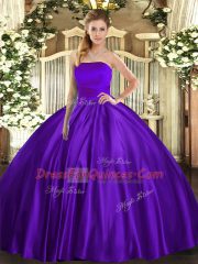 Customized Purple Strapless Neckline Ruching Quince Ball Gowns Sleeveless Lace Up