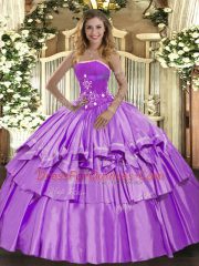 Strapless Sleeveless Quinceanera Dresses Floor Length Beading and Ruffled Layers Lavender Organza and Taffeta