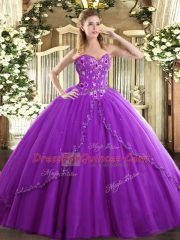 Eggplant Purple Sweetheart Lace Up Appliques and Embroidery Quinceanera Gown Brush Train Sleeveless