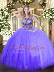 Lavender Ball Gowns Tulle Scoop Sleeveless Beading Floor Length Lace Up Sweet 16 Quinceanera Dress