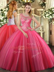 Ball Gowns Sweet 16 Dress Coral Red Scoop Tulle Sleeveless Floor Length Lace Up