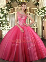 Ball Gowns Sweet 16 Dress Coral Red Scoop Tulle Sleeveless Floor Length Lace Up