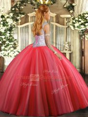 Ball Gowns Sweet 16 Dress Coral Red Scoop Tulle Sleeveless Floor Length Lace Up