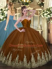 Sleeveless Tulle Floor Length Zipper Quince Ball Gowns in Brown with Appliques
