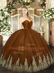 Sleeveless Tulle Floor Length Zipper Quince Ball Gowns in Brown with Appliques