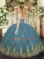 Sleeveless Tulle Floor Length Zipper Quince Ball Gowns in Brown with Appliques