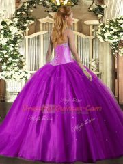 Lilac Ball Gowns Beading 15 Quinceanera Dress Lace Up Tulle Sleeveless Floor Length