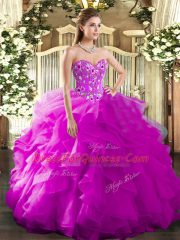 Charming Fuchsia Organza Lace Up Quinceanera Dress Sleeveless Floor Length Embroidery and Ruffles