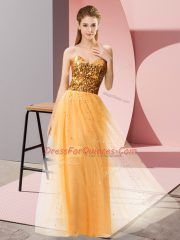 Beautiful Gold Sleeveless Tulle Lace Up Dress for Prom for Prom and Party