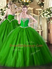 Green Tulle Lace Up Sweetheart Sleeveless Floor Length Ball Gown Prom Dress Beading