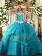 Sweetheart Sleeveless Tulle 15th Birthday Dress Appliques and Ruffled Layers Lace Up
