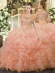 Peach Tulle Clasp Handle Quince Ball Gowns Sleeveless Floor Length Beading and Ruffled Layers