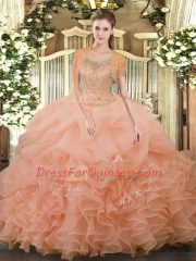 Peach Tulle Clasp Handle Quince Ball Gowns Sleeveless Floor Length Beading and Ruffled Layers