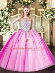 Spectacular Lilac Tulle Zipper Scoop Sleeveless Floor Length Sweet 16 Dresses Beading and Appliques