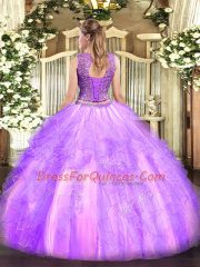 Classical Sleeveless Floor Length Beading and Ruffles Lace Up Quince Ball Gowns with Rose Pink