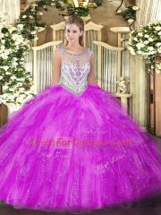Delicate Floor Length Zipper Quinceanera Dresses Fuchsia for Military Ball and Sweet 16 and Quinceanera with Beading and Ruffles