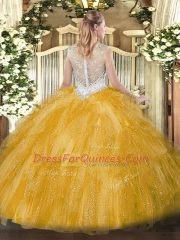 Ball Gowns Beading and Ruffles Sweet 16 Dress Zipper Tulle Sleeveless Floor Length