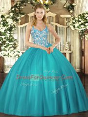 Custom Fit Teal Lace Up Straps Beading and Ruffles Quince Ball Gowns Tulle Sleeveless