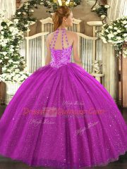 Gorgeous Halter Top Sleeveless Quinceanera Dresses Floor Length Beading and Embroidery Royal Blue Tulle and Sequined