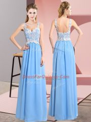 Eye-catching Aqua Blue V-neck Neckline Lace Prom Gown Sleeveless Zipper