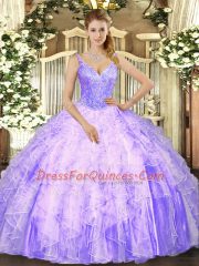 Lavender Tulle Lace Up V-neck Sleeveless Floor Length Quinceanera Dresses Beading and Ruffles