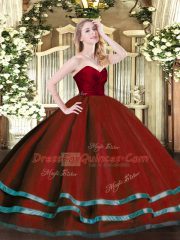 Elegant Sleeveless Tulle Floor Length Zipper 15 Quinceanera Dress in Wine Red with Ruffled Layers