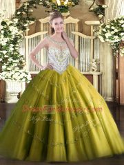 Olive Green Ball Gown Prom Dress Military Ball and Sweet 16 and Quinceanera with Beading and Appliques Scoop Sleeveless Zipper