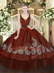 Stylish Straps Sleeveless 15th Birthday Dress Floor Length Beading and Embroidery Wine Red Organza and Taffeta
