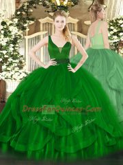 Floor Length Zipper Quinceanera Gowns Dark Green for Military Ball and Sweet 16 and Quinceanera with Beading and Ruffles