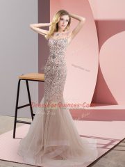 Scoop Sleeveless Sweep Train Zipper Prom Dresses Champagne Tulle