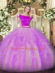 Charming Off The Shoulder Short Sleeves Zipper 15th Birthday Dress Lilac Tulle