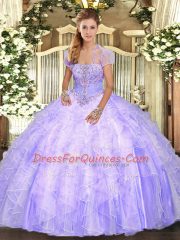 Sumptuous Lavender Ball Gowns Tulle Strapless Sleeveless Appliques and Ruffles Floor Length Lace Up Sweet 16 Dresses