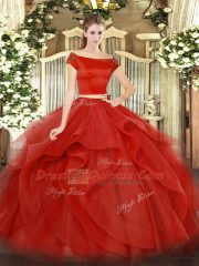 Two Pieces Quinceanera Gowns Red Off The Shoulder Tulle Short Sleeves Floor Length Zipper