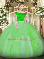 Green Short Sleeves Tulle Zipper 15 Quinceanera Dress for Military Ball and Sweet 16 and Quinceanera